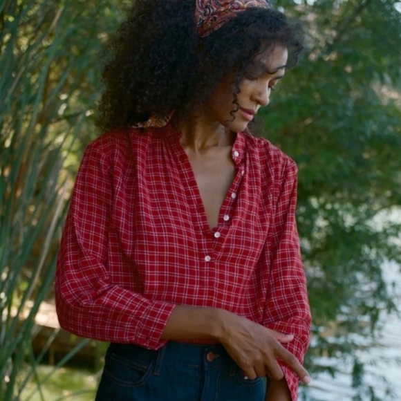 Doen Holde rouge red cottage plaid long sleeve button front shirt top - Picture 12 of 14